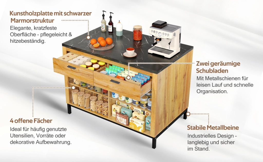 Isola da cucina in stile rustico con 2 cassetti e 4 ripiani aperti, piano effetto marmo nero, per cucina 120 × 75 × 90 cm
