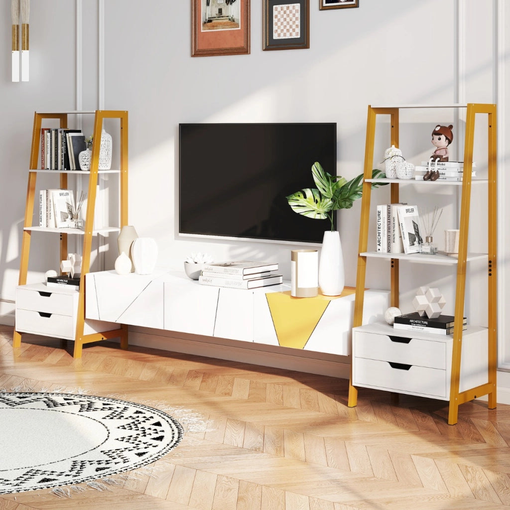 Libreria a scala con cassetti per camera da letto ufficio a casa, Alto scaffale autoportante con 4 ripiani aperti e 2 cassetti Bianco
