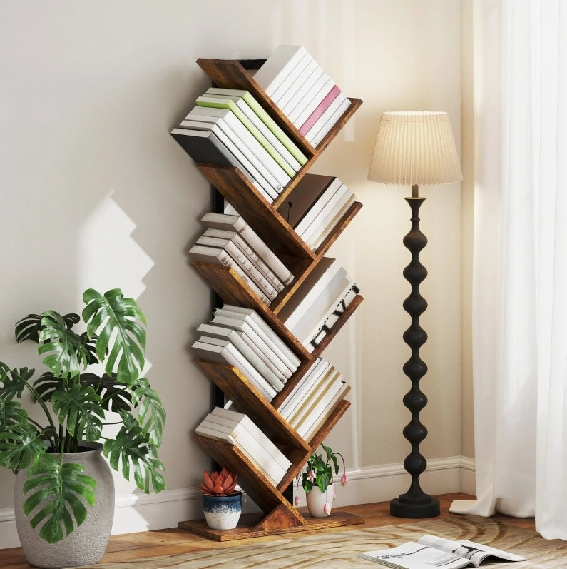 Libreria ad albero salvaspazio con 9 ripiani marrone rustico