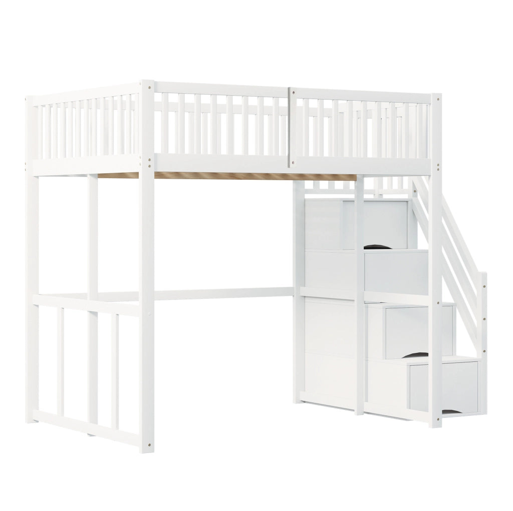 Letto a soppalco 140x200 cm con scala contenitore e sbarre di sicurezza in legno bianco