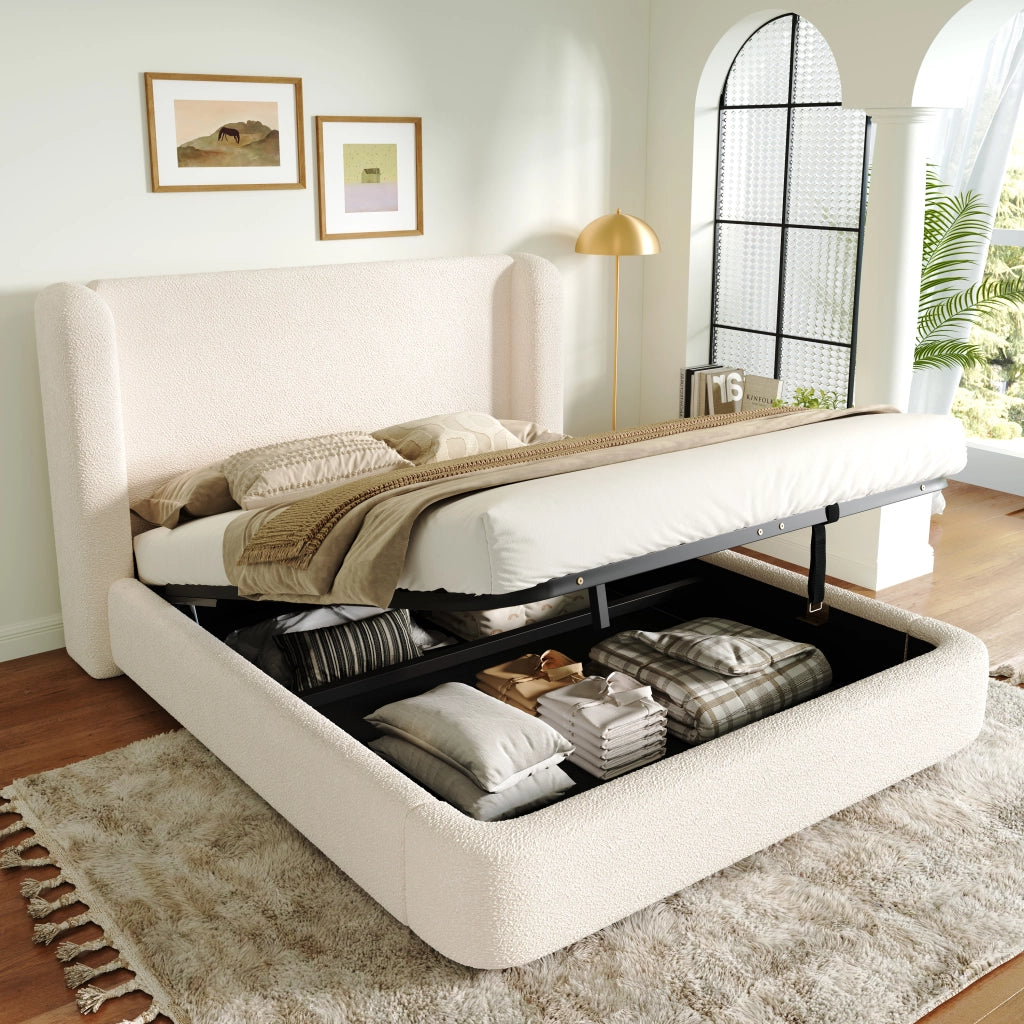 Letti contenitori 160x200 cm; contenitore idraulico; bouclé beige (Senza materasso)