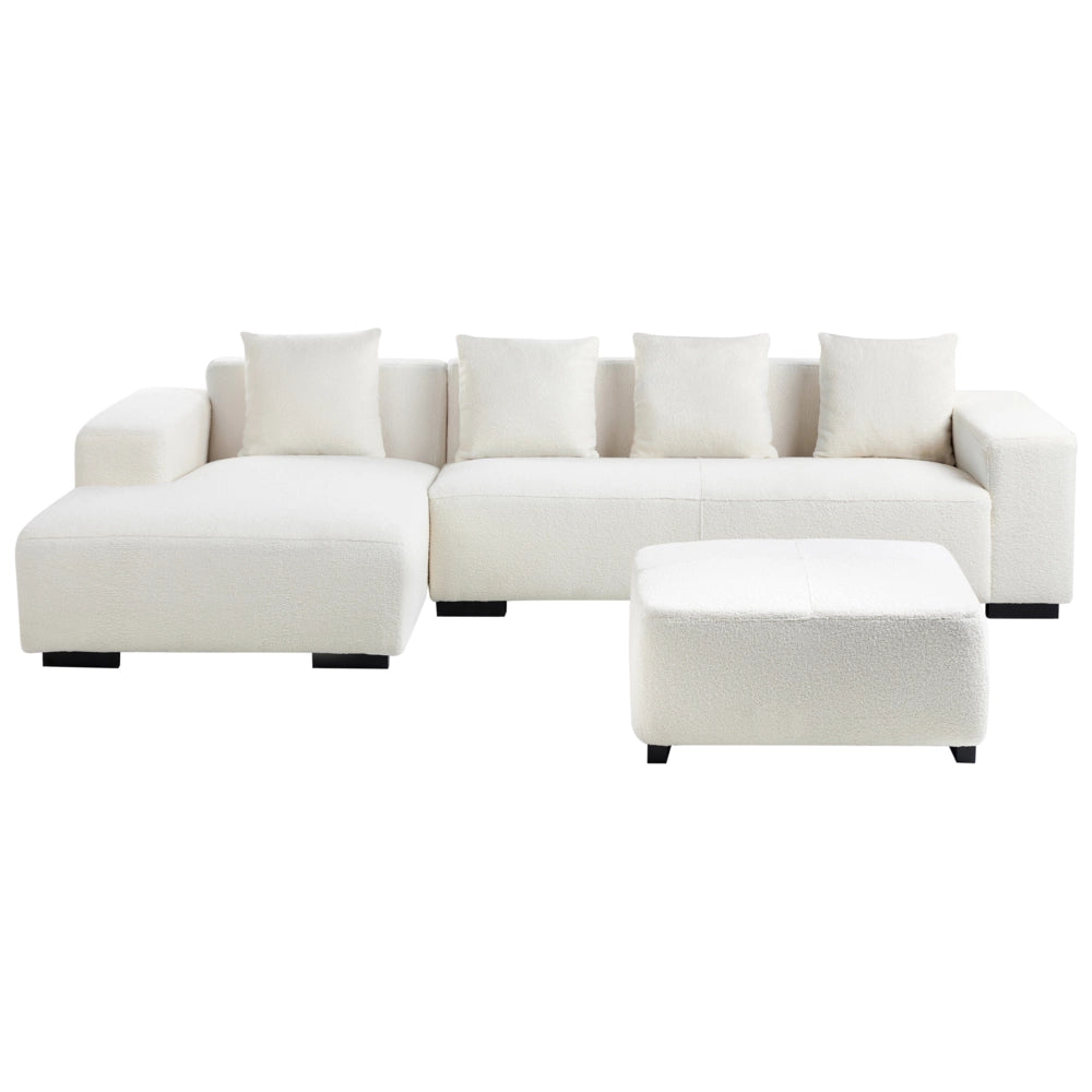 Divano angolare a L con cuscini 4 posti in tessuto bouclè bianco bianco sporco con ottomana versione a destra stile elegante moderno