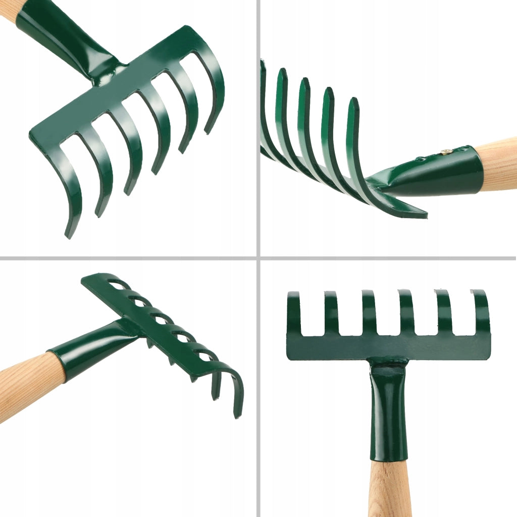 Rastrello da giardino in metallo KADAX, piccolo, 35 cm, 6 denti, manico in legno massello