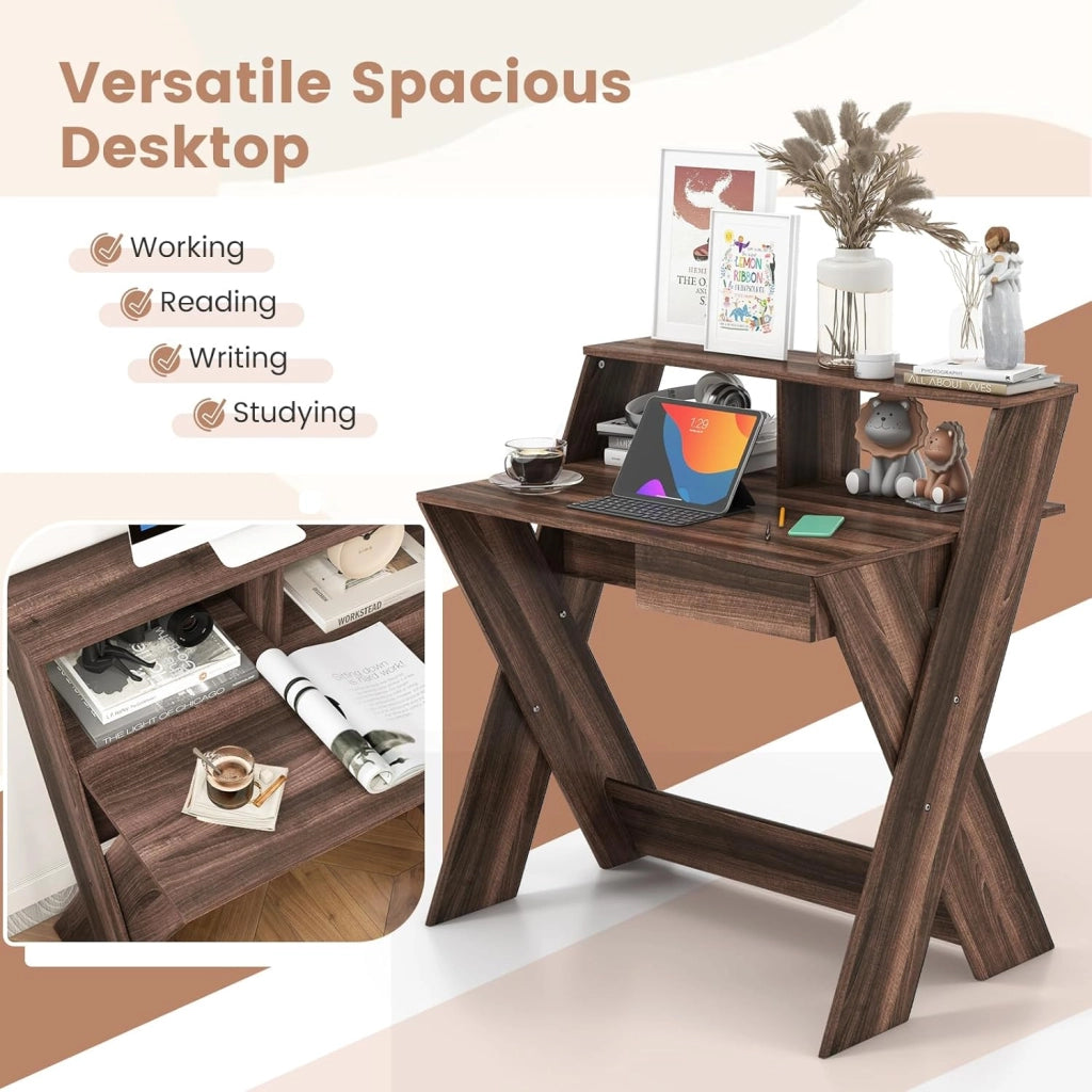 Scrivania per Computer, con Cassetto e Mensola per Computer Rialzata, Tavolo da Studio con Poggiapiedi e Gambe a Forma in X, Scrivania con Libreria per Casa e Ufficio (Noce)