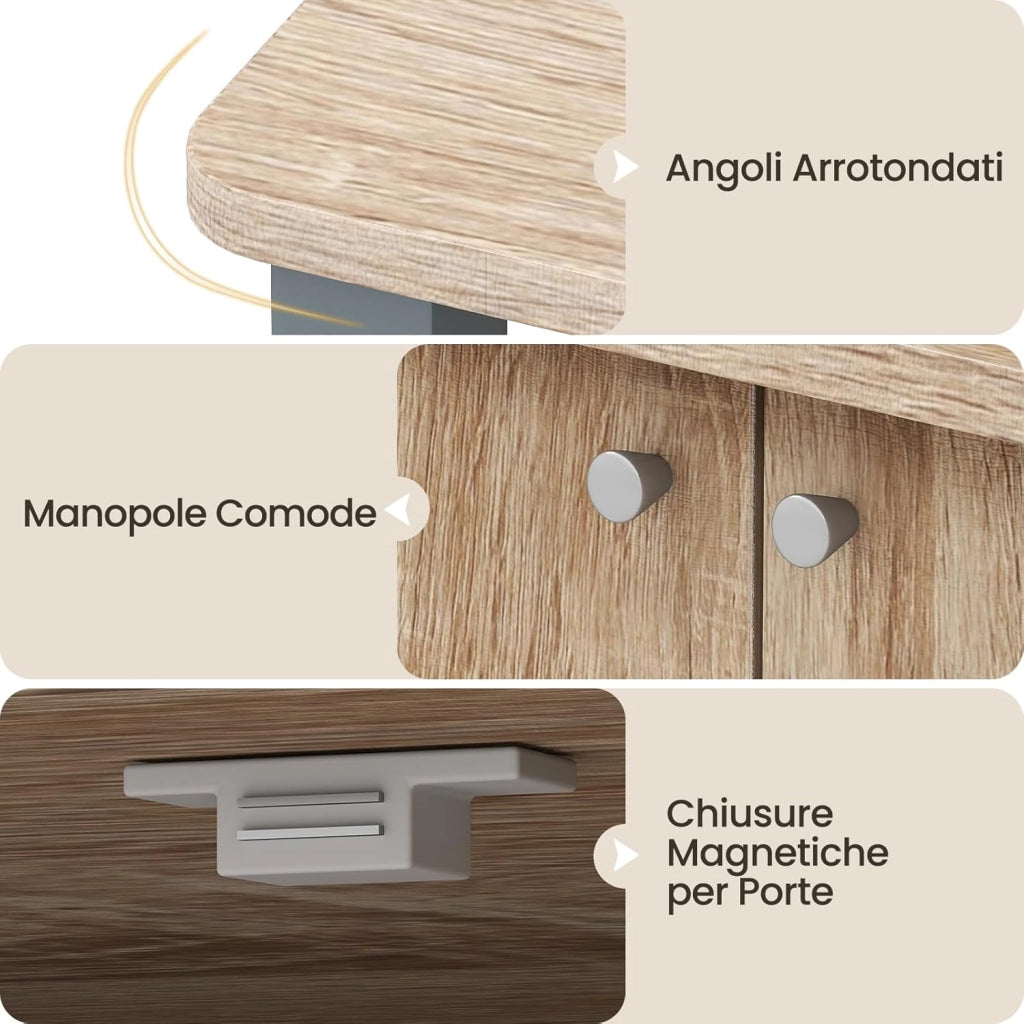 Scaffale da Cucina per Microonde Carrello da Cucina, con Ruote e 2 Ante, Multifunzionale e Movimento Flessibile, 60x40x98 cm (Naturale)