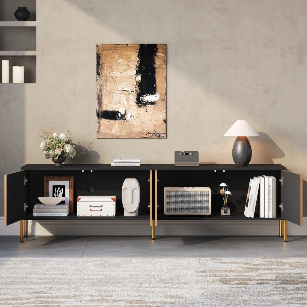 Mobile TV con 4 Ante senza Maniglie e Piedini in Metallo Dorato; Stile Moderno; 179??35??53;5 cm; Nero Naturale