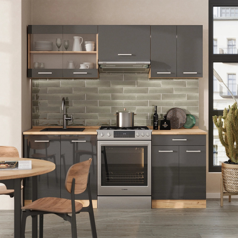 Vicco Cucina componibile Antracite lucido/oro power oak 200 cm senza piano di lavoro