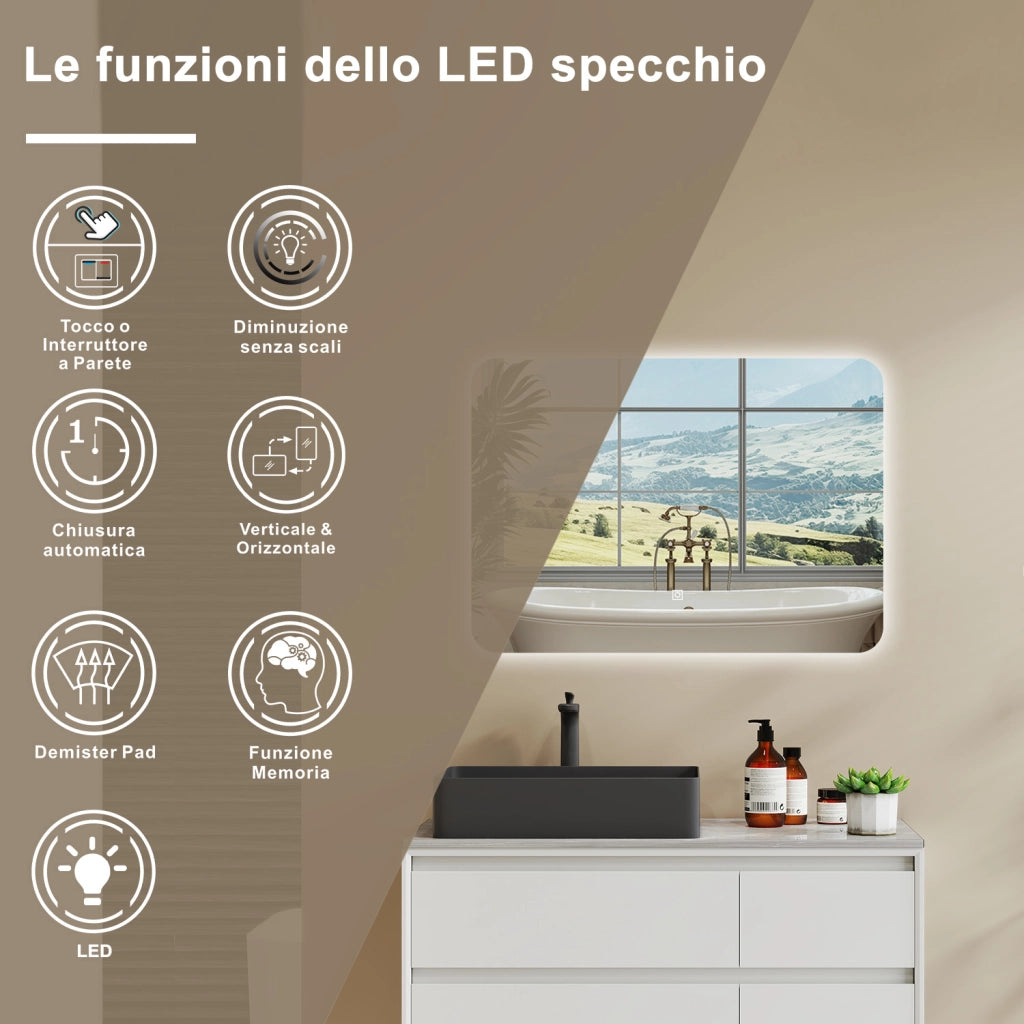 AICA 90 x 60cm Specchio da bagno con LED, Rettangolare, Touch, Memoria, Dimmerabile, Retroilluminato