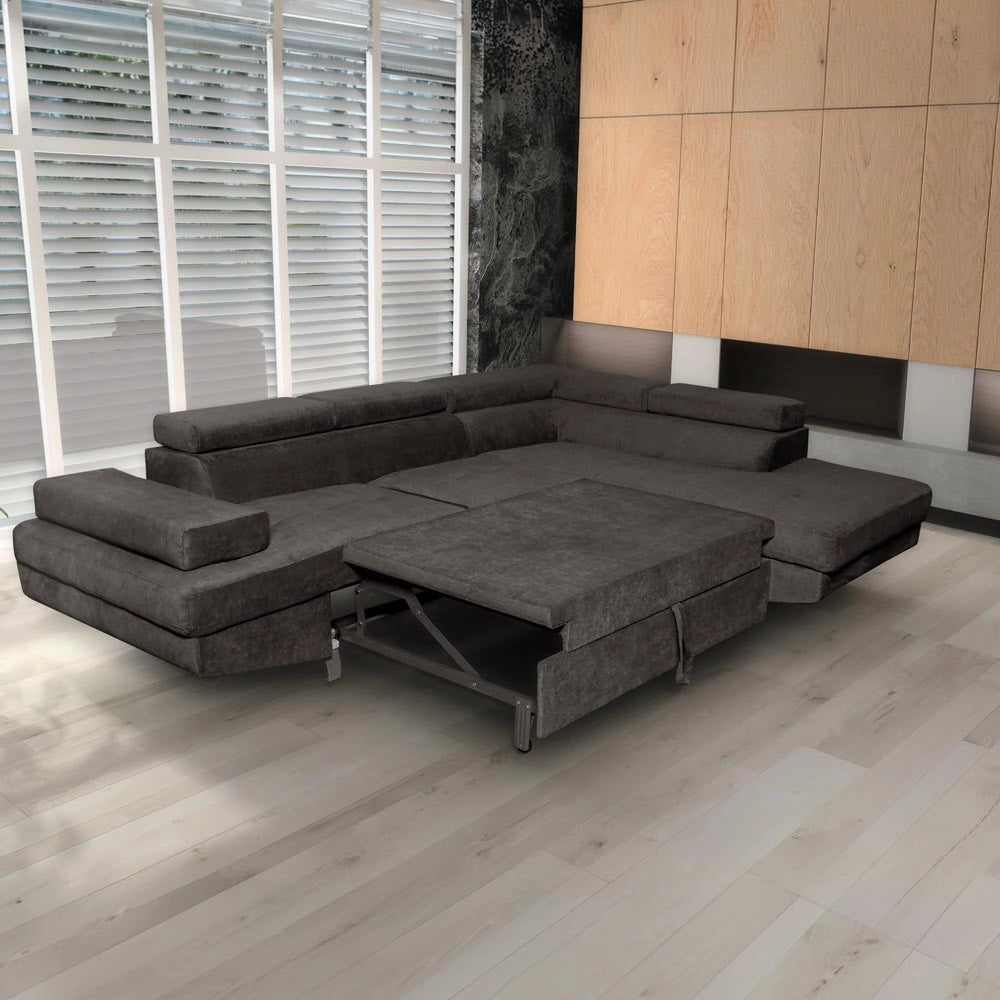 Divano letto angolare Rio con penisola contenitore destra in tessuto grigio scuro 272 cm