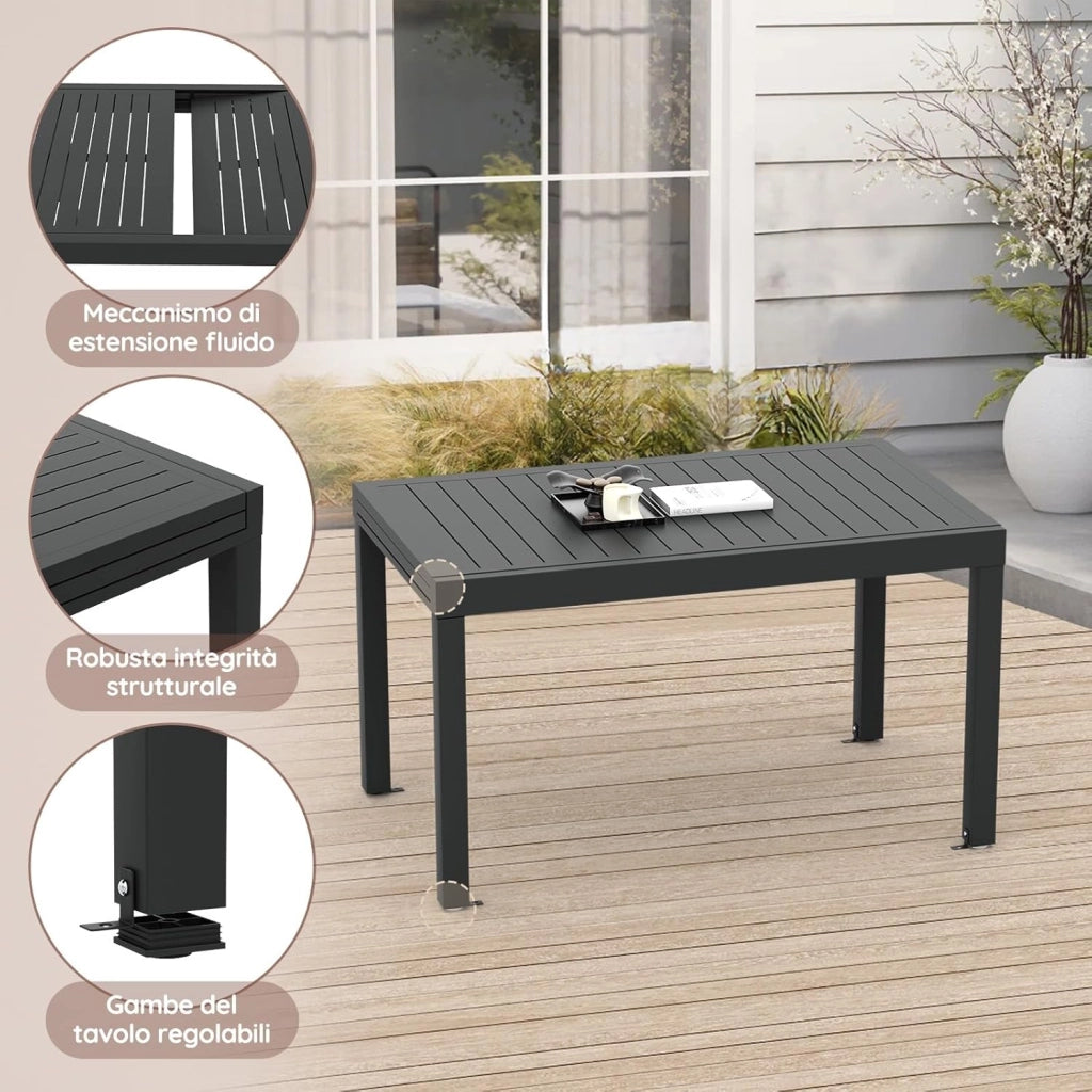 Tavolo da pranzo allungabile 130 X 80 X 75 Cm, tavolo da balcone in alluminio, resistente alle intemperie, allungabile fino a 260 cm, gambe regolabili, Grigio scuro
