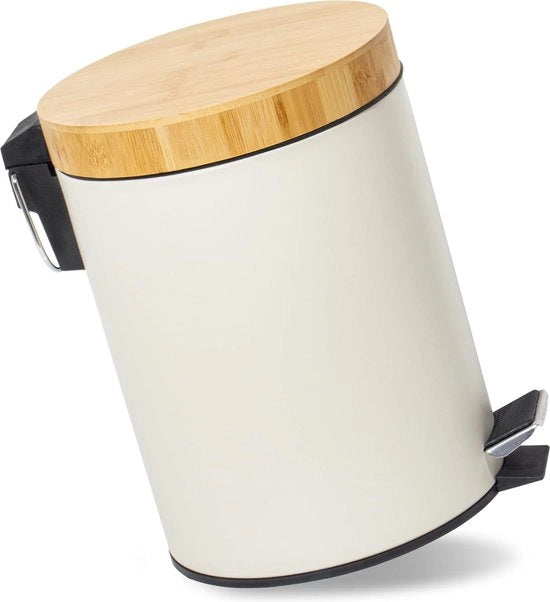 Bacino da Bagno da 5 L con Coperchio in Legno, Bacino per Cosmetici con Meccanismo di Chiusura Soft, Bacino da Bagno da Rifiuti (Beige 5 L)