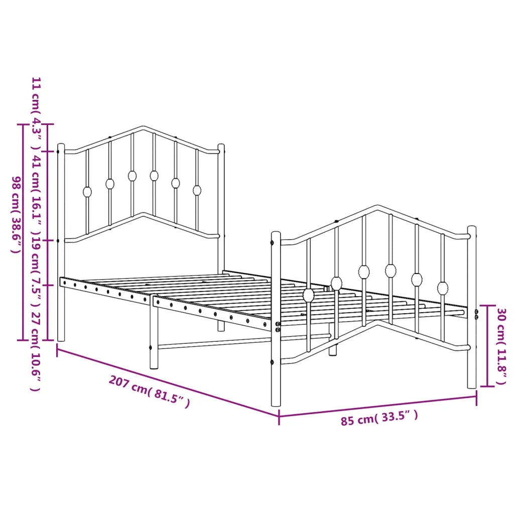 Letto singolo | Letto per adulti | Giroletto con Testiera e Pediera Metallo Nero 80x200 cm