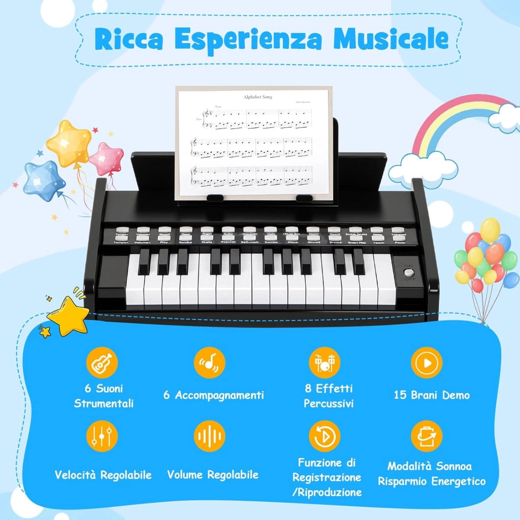 Tastiera Pianoforte per Bambini a 25 Tasti, Mini Pianoforte Digitale Giocattolo, con Velocità e Volume Regolabili, Tasto Luminoso e Leggio, Modalità Didattica, per 3+ Anni (Nero)