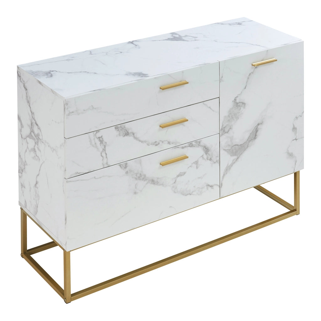 Comò Lavangen con Anta e 3 Cassetti 75 x 100 x 35 cm Dorato / Effetto Marmo Bianco [en.casa]