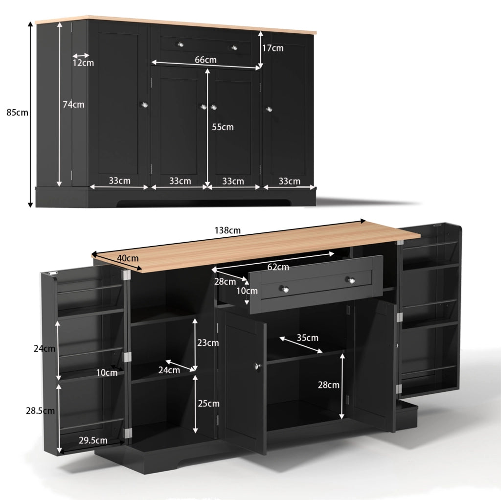 Sideboard cucina 138 cm con cassetto; ripiani regolabili in MDF nero