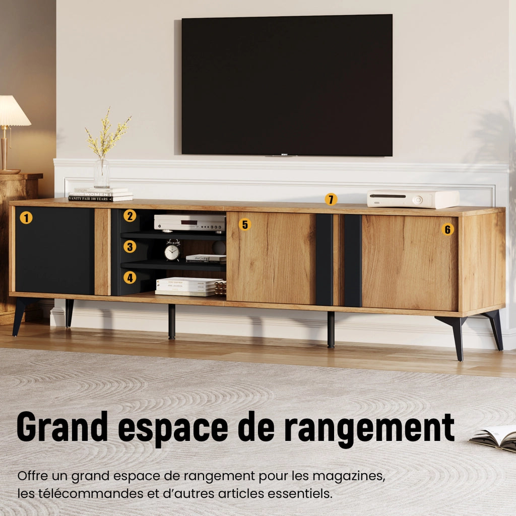 OKWISH Mobile TV con 3 Ante e 4 Vani Aperti, Foro Passacavi e Piedini Regolabili, per Soggiorno, Pannello di Particelle, Marrone e Nero 180×40×50 cm