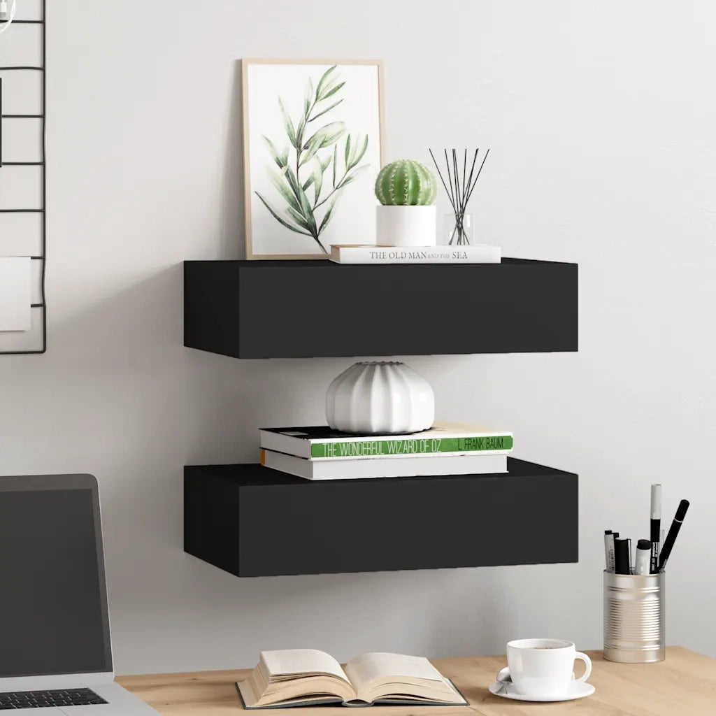 2 pz Scaffali con Cassetti da Parete | Mensola sospesa Neri 40x23,5x10 cm MDF
