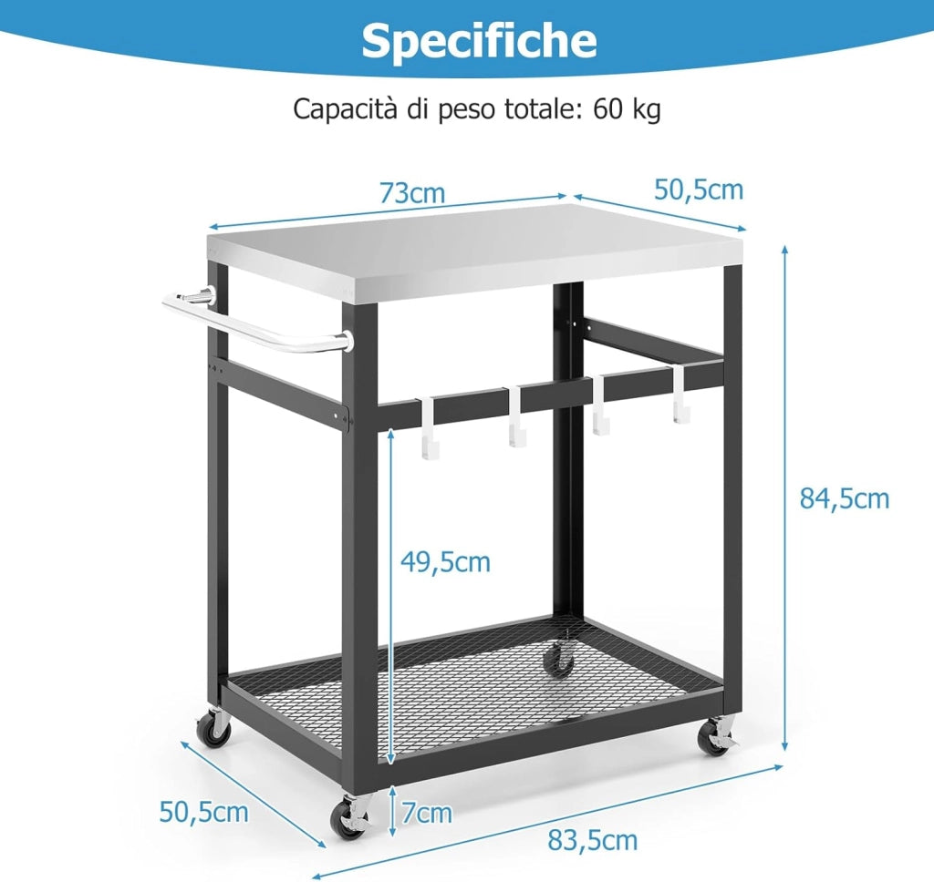 Carrello Grill da Esterno a 2/3 Piani, Supporto per Forno per con Piano e Maniglia in Acciaio Inossidabile, Carrello per Barbecue con Ganci e Ruote, Multiuso(2 Livelli)