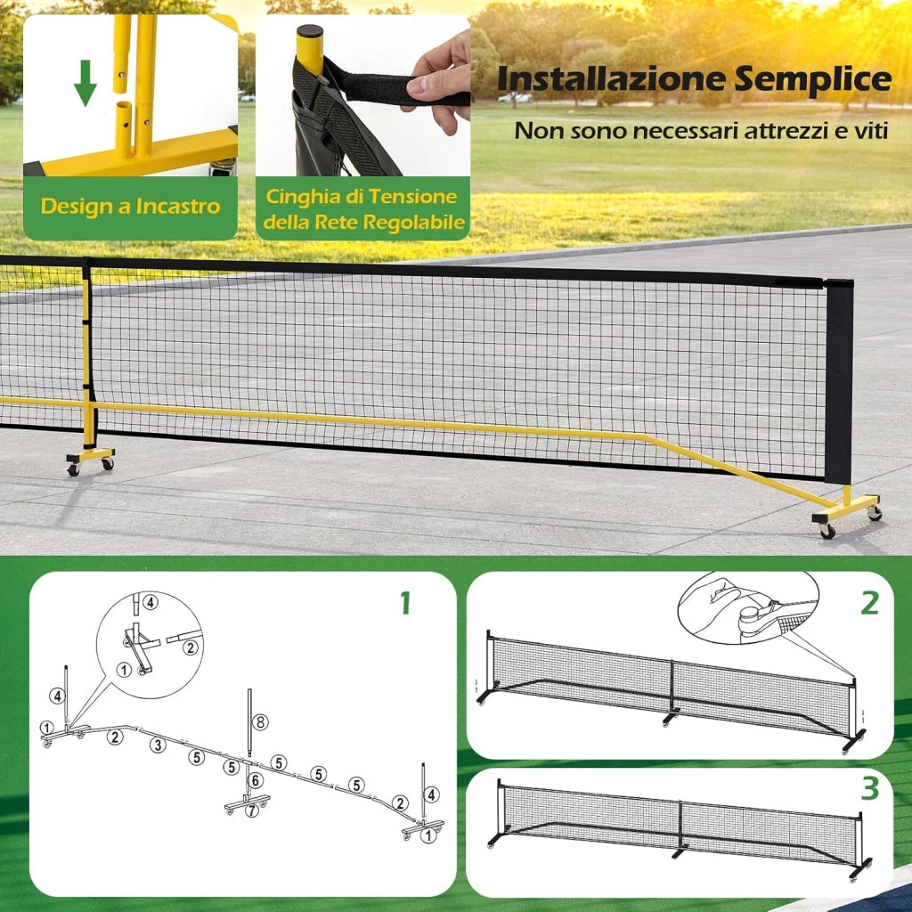 Rete Pickleball Portatile da 6,7 m con Ruote, Rete per Tennis con Telaio in Metello e Borsa da Trasporto, per Badminton ed Allenamento Multifunzionale Resistente da Interno ed Esterno
