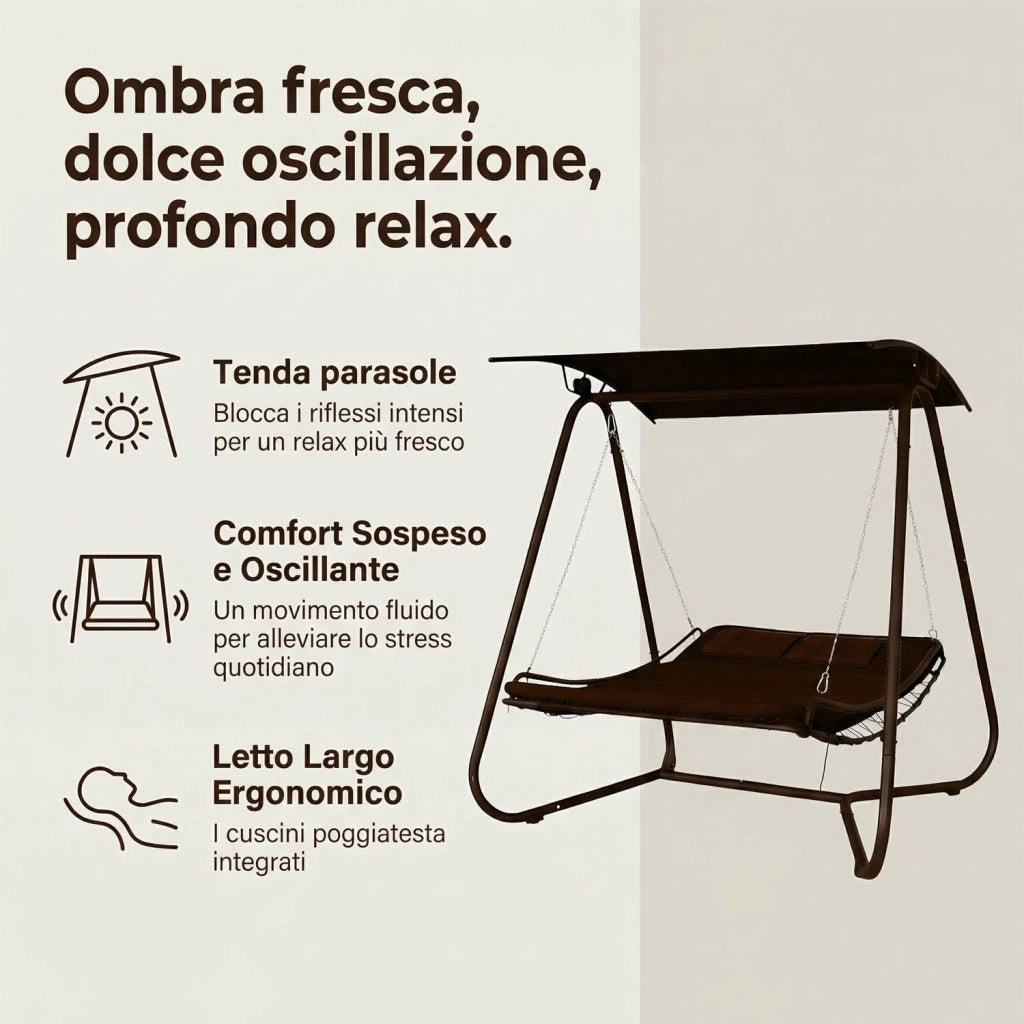 Dondolo Amaca Letto 2 Posti da Giardino con Tetto Parasole Struttura in Acciaio e Seduta Imbottita in Textilene per Terr