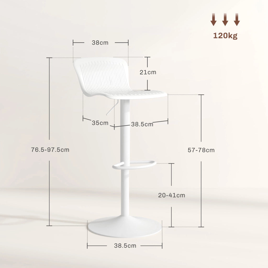 Set 2 Sgabelli da Bar con Schienale Altezza Regolabile 76,5-97,5 cm in PP Bianco