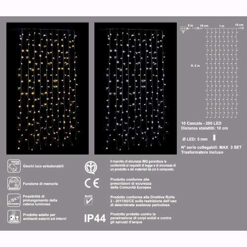 Tenda Cascata Luminosa Luci Natale 200 LED Bianco Ghiaccio 1x2 metri Collegabile D2370