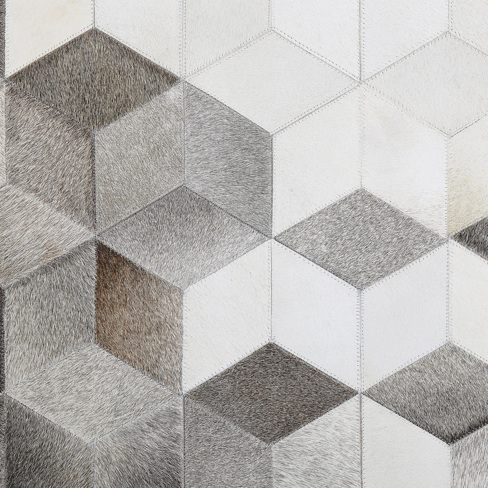 Tappeto in pelle di vacchetta Capelli grigi su pelle Motivo patchwork geometrico 140 x 200 cm