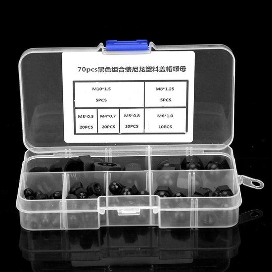 Kit di assemblaggio con dado a forma di noce in nylon, dado a 6 facce, dado a forma di corona, dado a forma di noce 70 pezzi M3/M4/M5/M6/M8/M10 Nero/Bianco (opzionale)