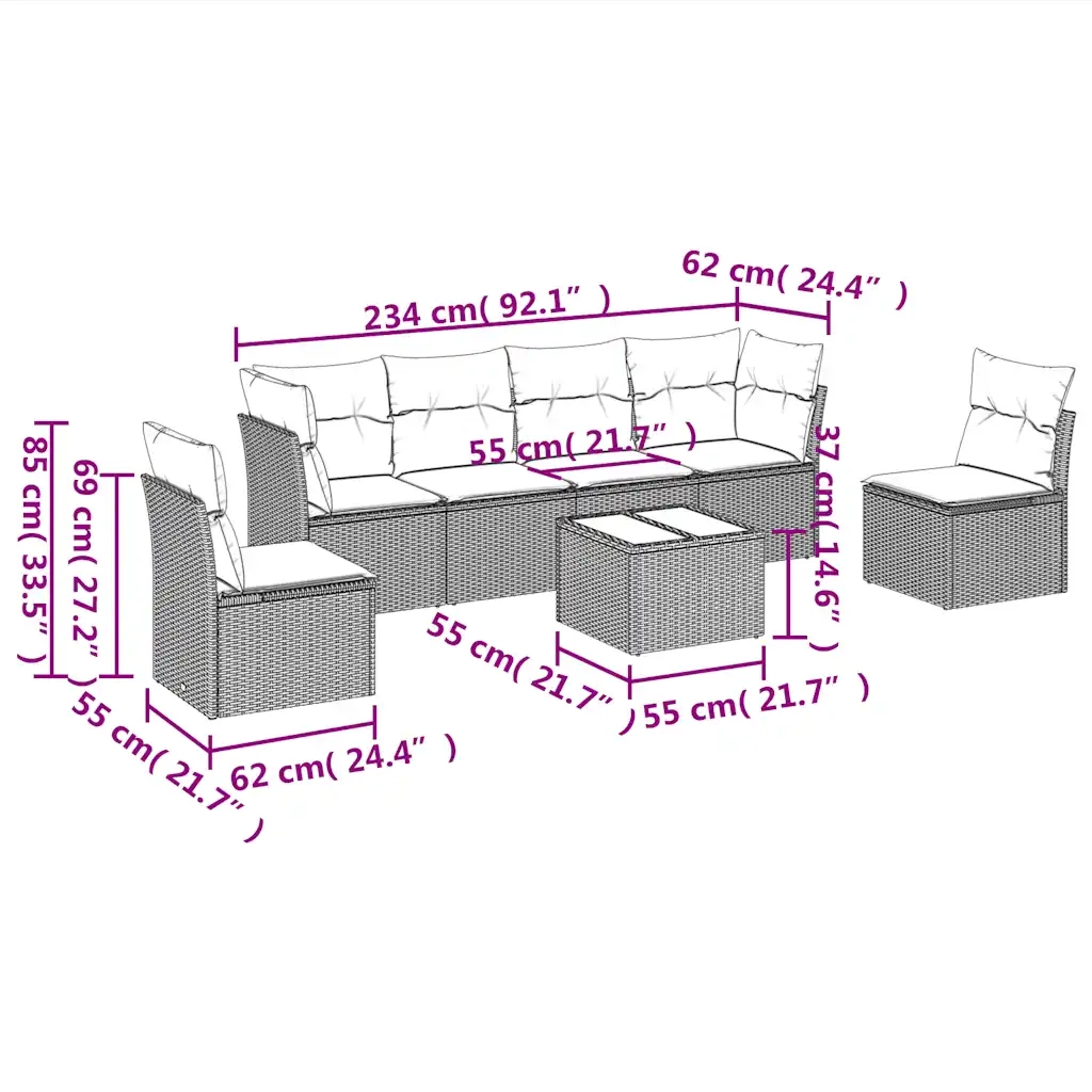 Set Divani da Giardino 7 pz con Cuscini Marrone in Polyrattan