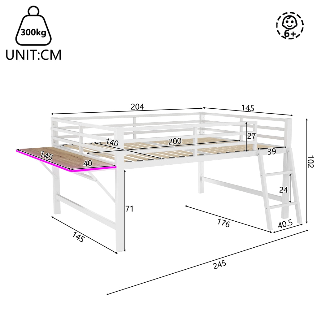 Letto a soppalco 140 × 200 cm con scrivania pieghevole, LED, sponde e scala, senza materasso, bianco