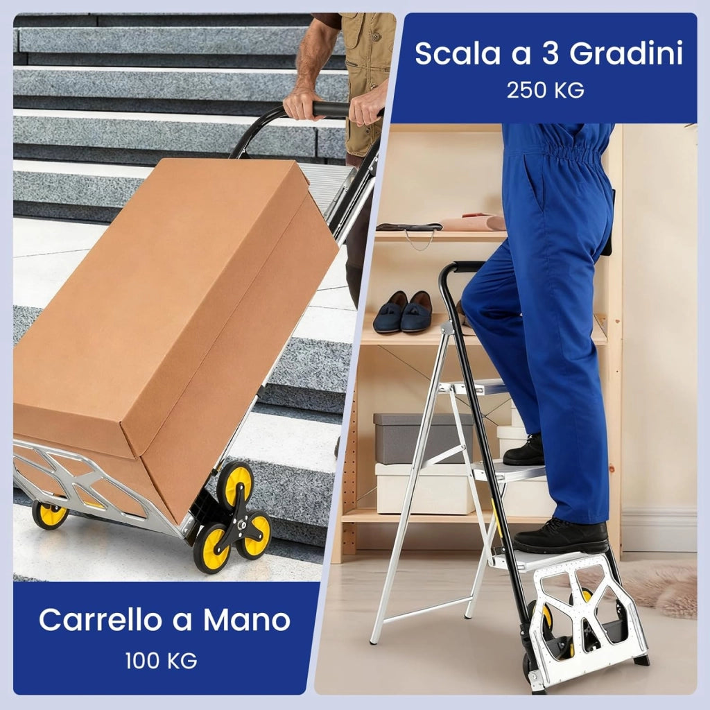 Carrello a Mano 2 in 1 e Scala, Scaletta Pieghevole a 3 Gradini in Alluminio con Ruote in Gomma e Pedali Antiscivolo, Carrello Portatile con Corrimano per Casa e Ufficio, Portata 250 kg
