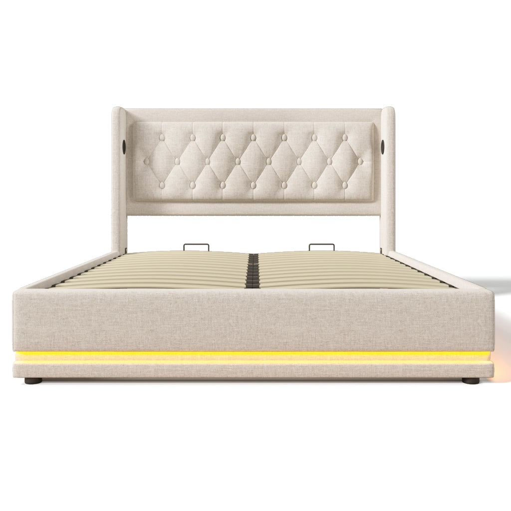 Letti contenitori 140x200 cm con contenitore; USB Type-C e LED; cotone beige (Senza materasso)