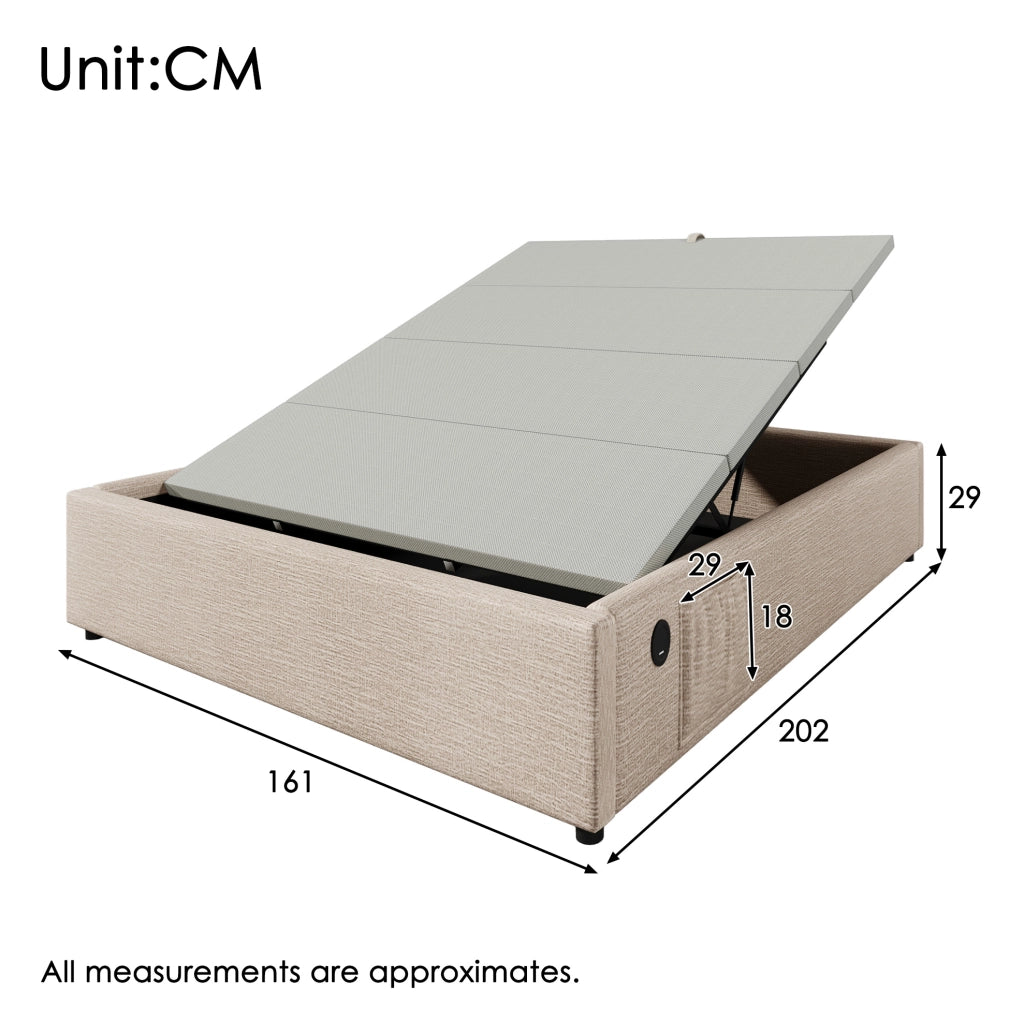 Letto contenitore matrimoniale 160x200 cm in lino beige e naturale con USB e Type-C; senza testiera