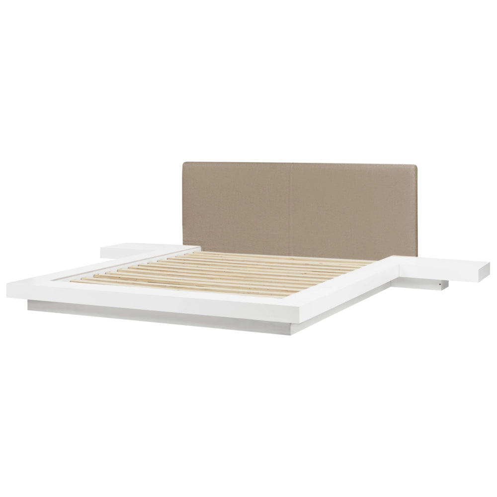Letto matrimoniale con comodini a LED testata bouclé bianco in frassino bianco 160 x 200 cm stile giapponese