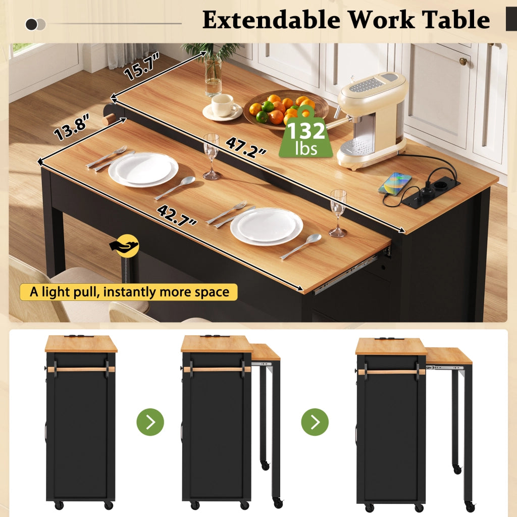 Isola da cucina mobile estraibile - Zephmum - Con piano di lavoro e vano rifiuti, presa di corrente, nero