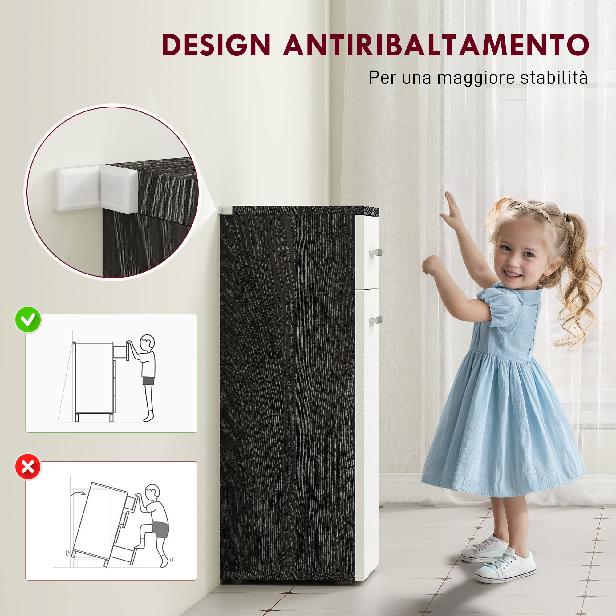 Mobile Bagno 35x30x77,5cm con Cassetto e Armadietto in Legno Bianco e Nero