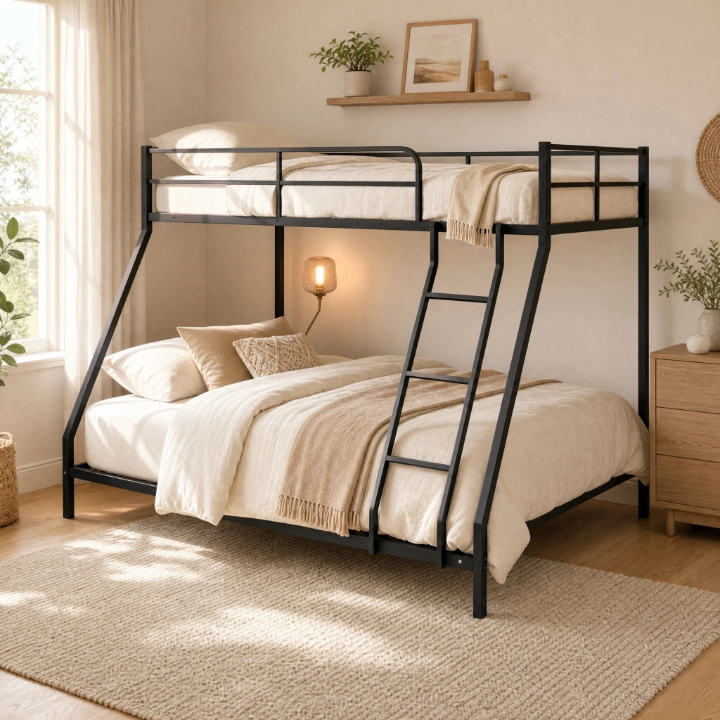 Letto a castello 200x140x137 cm salvaspazio con 2 zone letto in metallo nero