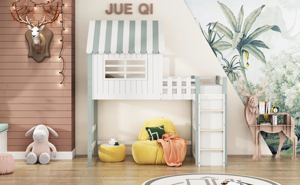 DESMIU Letto a casetta per bambini 1 posto con barriera di sicurezza e mensola, 90 × 200 cm, senza materasso, verde