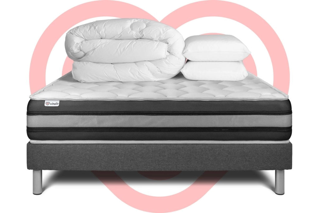 Pacchetto letto completo - Materasso 140x200cm + Box spring con doghe (in kit) + 2 cuscini + Piumino - Vitalspring Zen