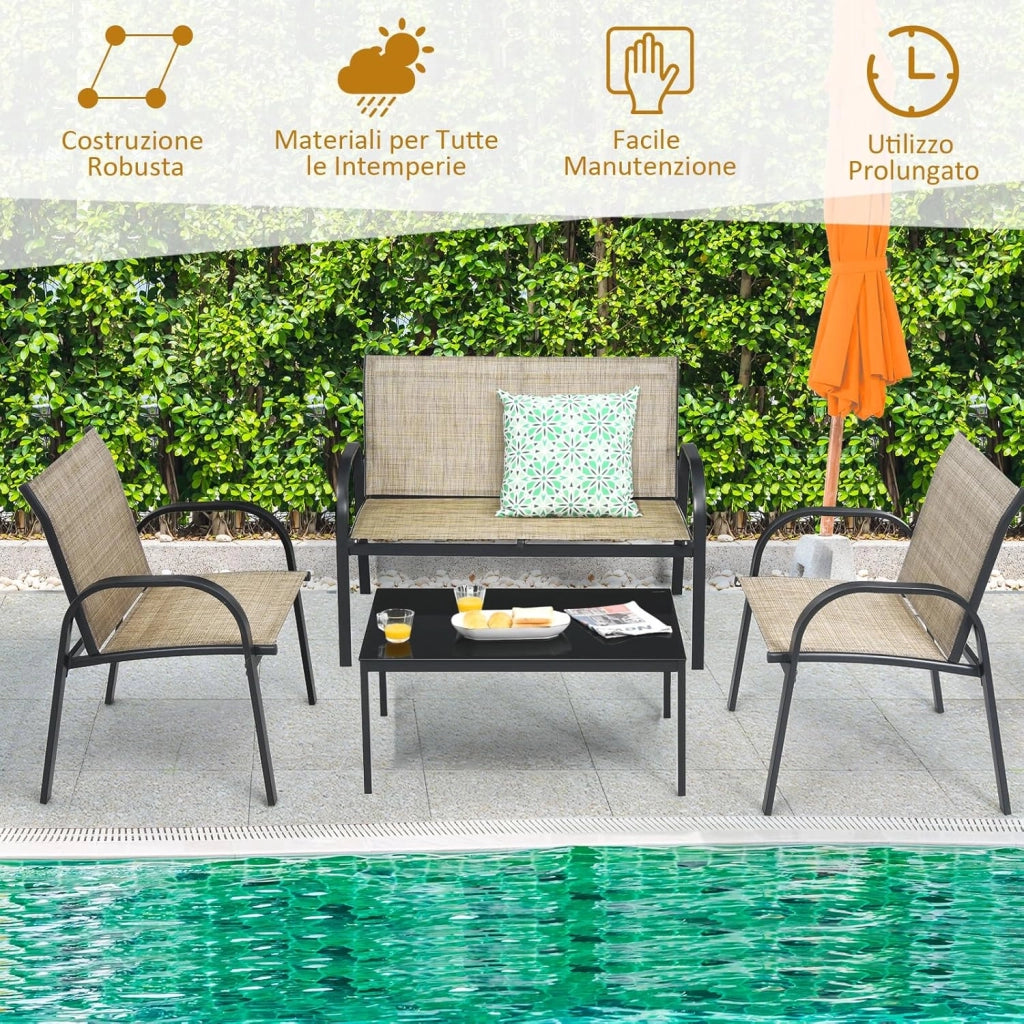 Set da Giardino con 4 Pezzi, Set da Giardino per Chiacchierare, Sedie da Giardino con Tavolino in Vetro, con Struttura Resistente in Ferro, Tessuto a Rete Traspirante (Marrone)