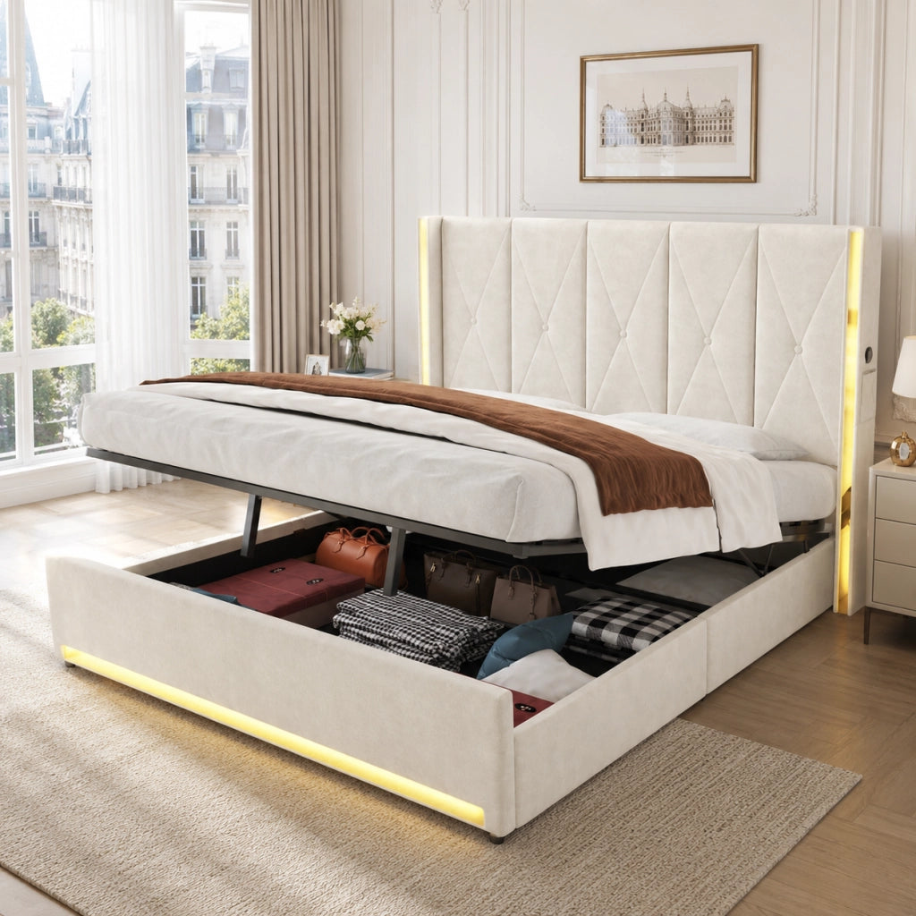 LETTO imbottito 180x200 cm in velluto beige con USB, LED e contenitore