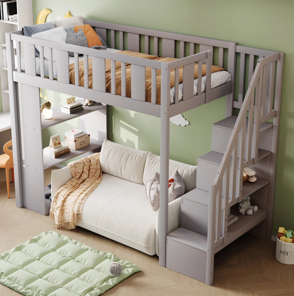 Letto a soppalco 90x200 cm con scala contenitore e 3 vani portaoggetti in legno grigio