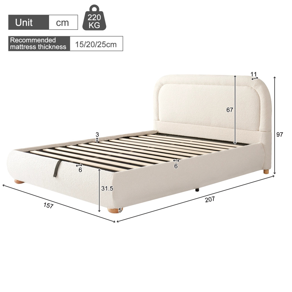 Letto matrimoniale 140 x 190 cm con contenitore idraulico, testiera imbottita e tessuto bouclé beige