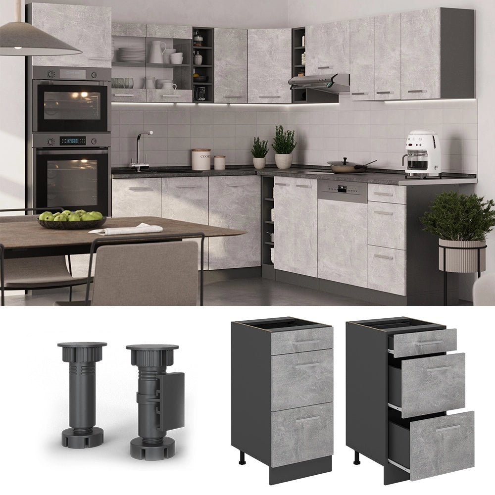 Mobiletto base per cucina R-Line Calcestruzzo/Antracite 40 cm con cassetti, senza piano di lavoro Vicco