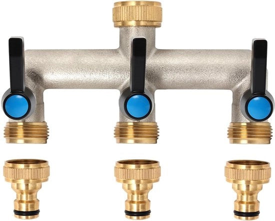 Distributore d'acqua con manico allungabile - ottone - rubinetti di chiusura individuali - adattatore 3/4 pollici - 1/2 pollici - per apparecchi - tubi da giardino