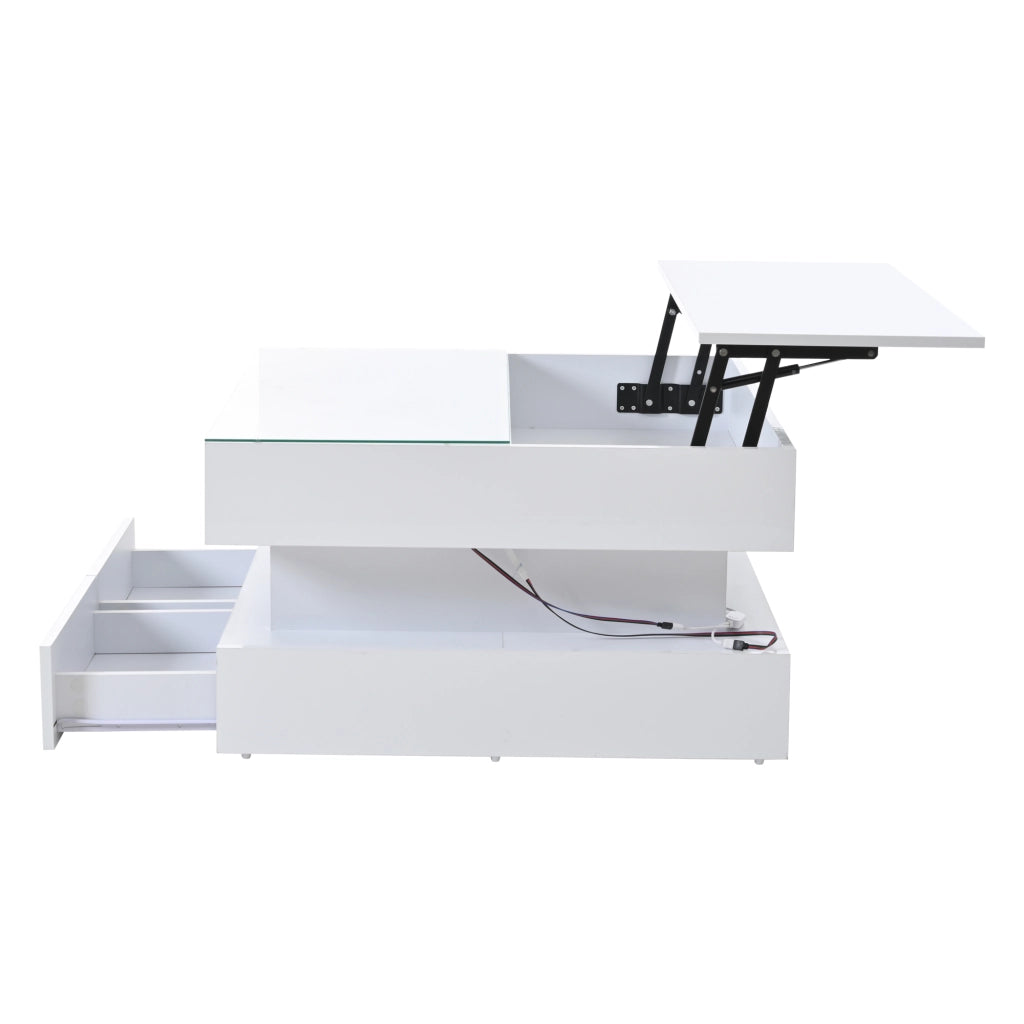 Tavolino da caffè alzabile con 2 cassetti; LED e vano nascosto per soggiorno bianco 80×80×45 cm