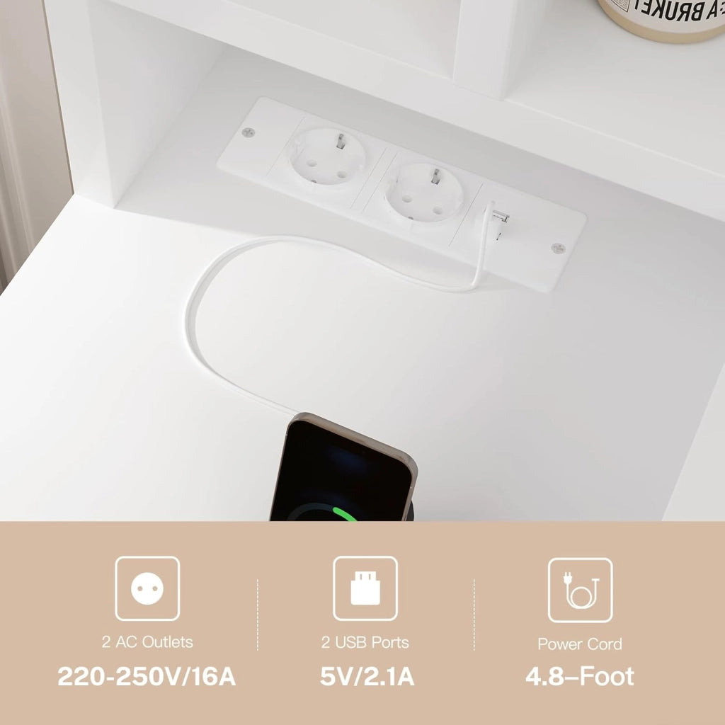 Grande Toeletta, Toeletta da Trucco con Luci LED, 3 Colori Luminosità Regolabile, Postazione Trucco con Prese,Bianco, 7 Cassetti, 8 Ripiani Aperti
