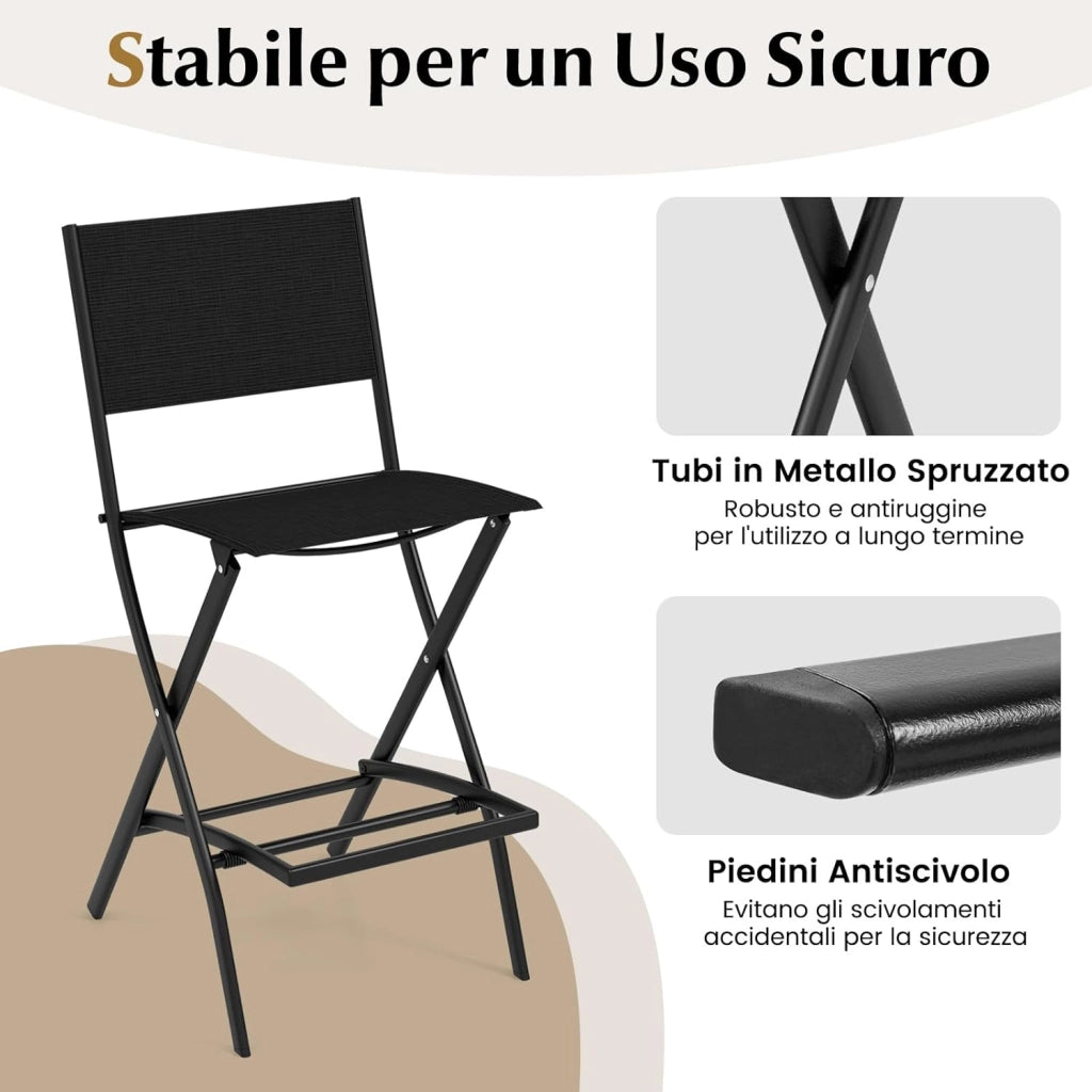 Set di Sgabelli da Bar 2 Pezzi, Sedie Alte e Pieghevoli con Telaio in Metallo e Poggiapiedi, Sedie da Bar per Balcone, Giardino e Piscina (Nero)
