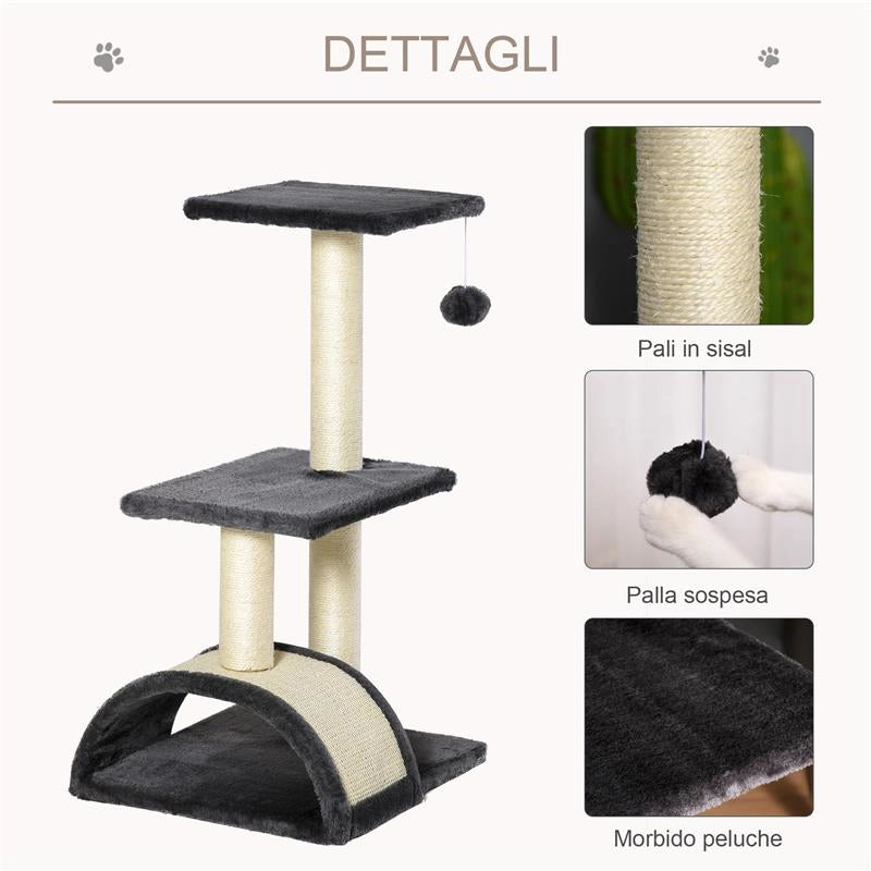 ALBERO PER GATTI A 3 LIVELLI CON TAPPETINO TIRAGRAFFI AD ARCO IN LEGNO PELUCHE E SISAL 40X35X72 CM GRIGIO