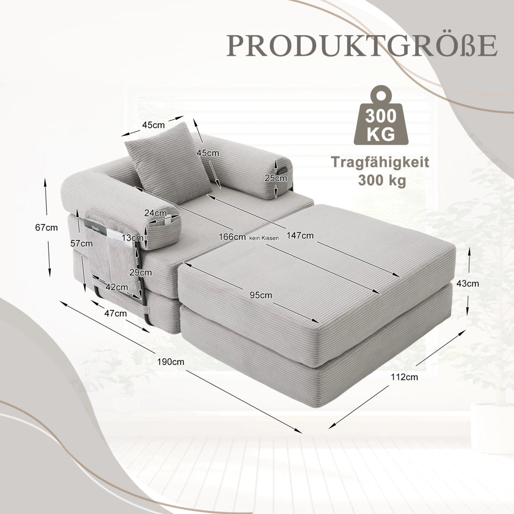 DIVANO modulare in corduroy 112x190x67 cm Grigio Chiaro con cuscino